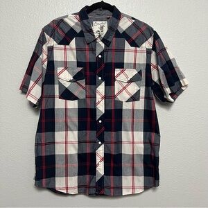 Coastat Navy Red White Plaid‎ Men’s XL Cotton Blend Shirt Pearl Snap Western